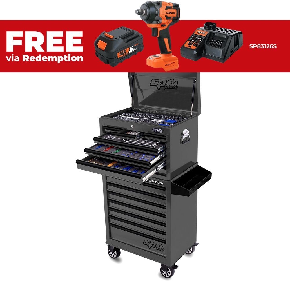 SP Tools SP50124GY 290pce 14 Drawer Custom Series Grey Metric / SAE Mechanical Tool Set With Roller Cabinet