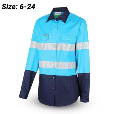 Workit Workwear 2012SN Womens 2-Tone Sky Blue/Navy Hi-Vis Lightweight Taped Shirt