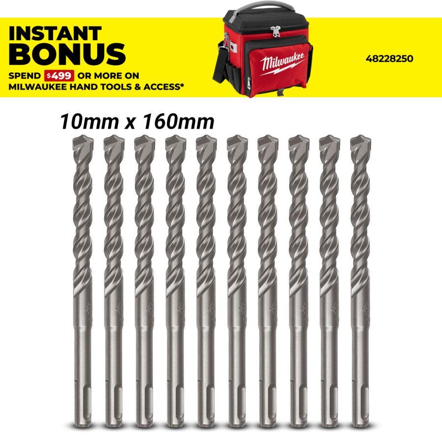 Milwaukee 4932371708 10-Pack 10mm x 160mm SDS-Plus TCT M2 2-Cutter Hammer Drill Bit