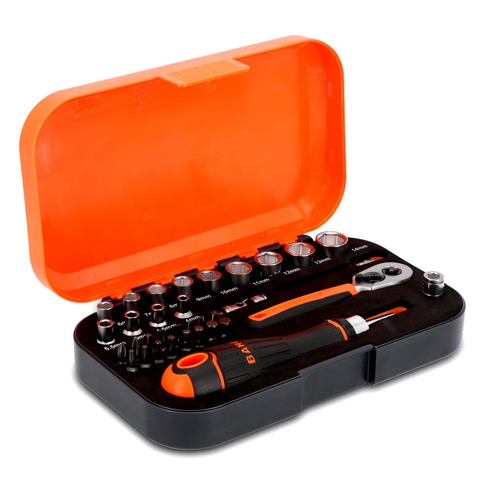 Bahco S34MC8H 34pce 1/4” Square Drive Socket and Bit Set with Metric Hex Profile and Ratcheting Bit Holde