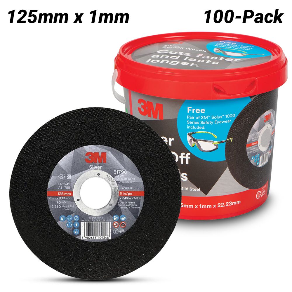 3M 7012879557 (AC019441313) 100-Pack 125mm x 1mm x 22.23mm Silver Cut-Off Wheel with Solus 1000 Series Safety Eyewear