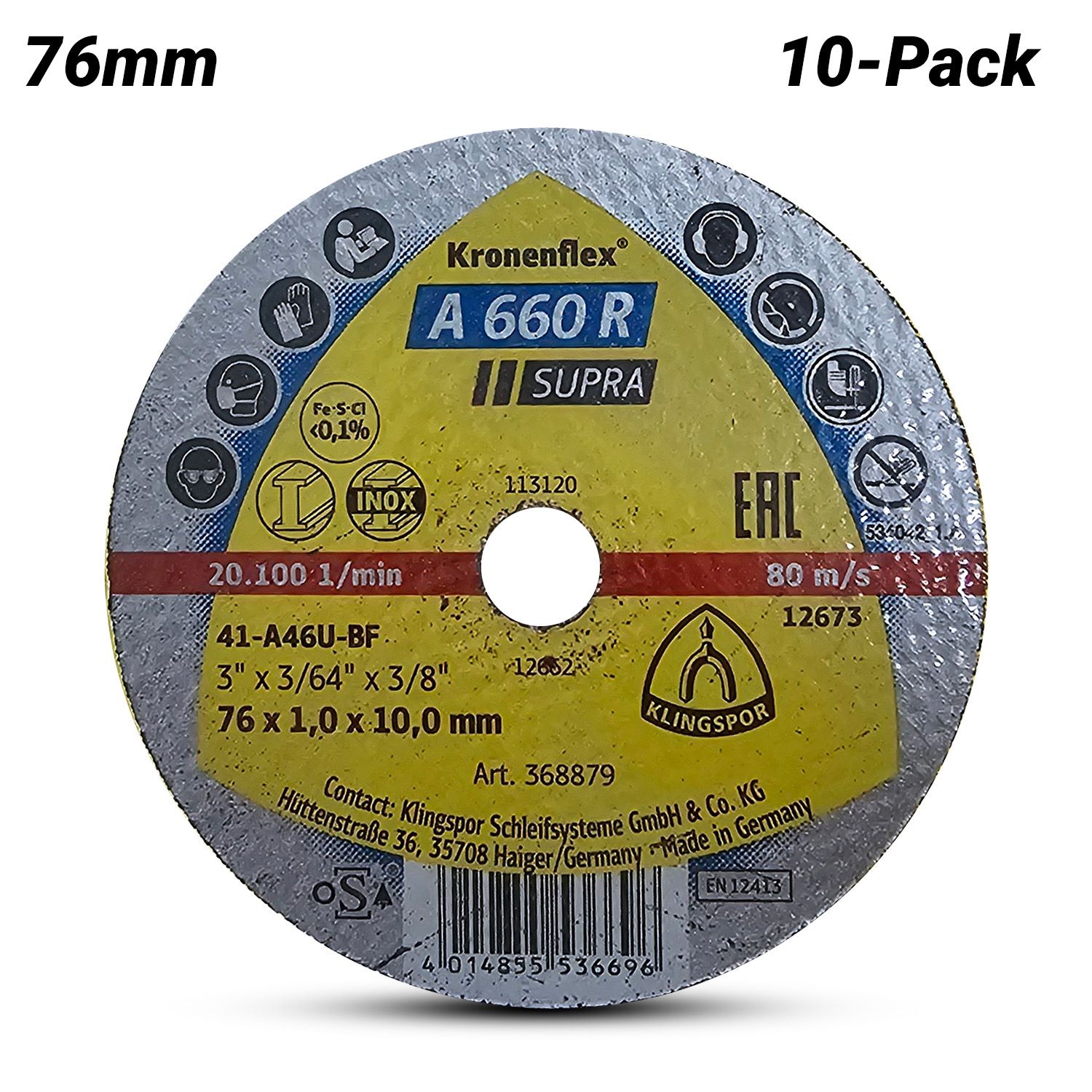 Klingspor 706412 10-Pack 76mm x 1mm x 10mm A 660 R Supra Flat Cutting-off Wheel - Small