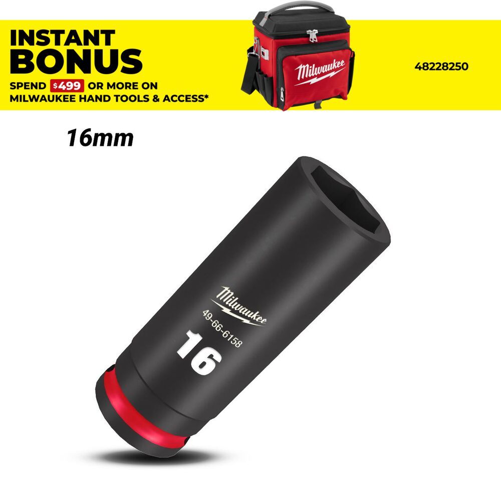 Milwaukee 49666158 16mm 3/8" Drive Shockwave Metric Deep 6 Point Impact Socket
