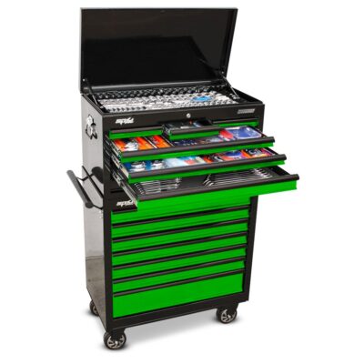 SP Tools SP50177 407pce Metric/SAE Tool Kit In 14 Drawer Sumo Custom Series Black/Green Roller Cabinet & Tool Box