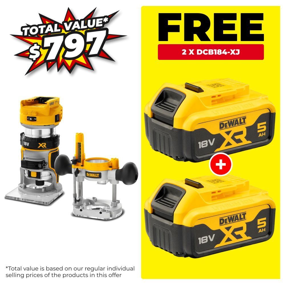 DeWalt DCW604N-XJ 18V XR Li-ion Cordless Brushless 6.35mm (1/4") Laminate Trimmer Router with Plunge Base - Skin Only
