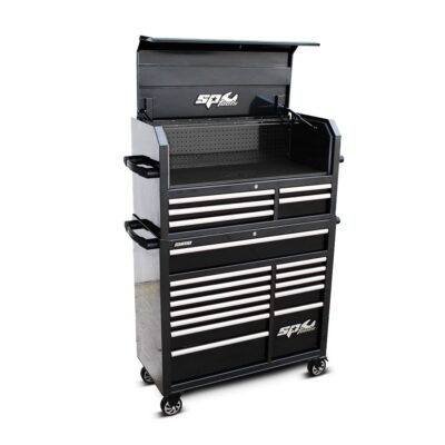SP Tools SP40698 Sumo Series 18 Drawer Power Hutch Tool Box with Black-Chrome Handles