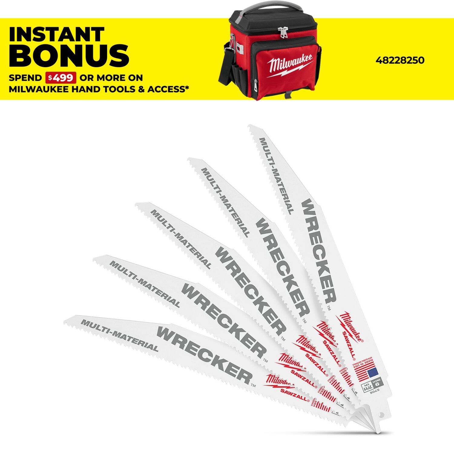 Milwaukee 48475706 (48005706) 5-Pack 230mm 9" 7/11 TPI SAWZALL The WRECKER Demolition Blades