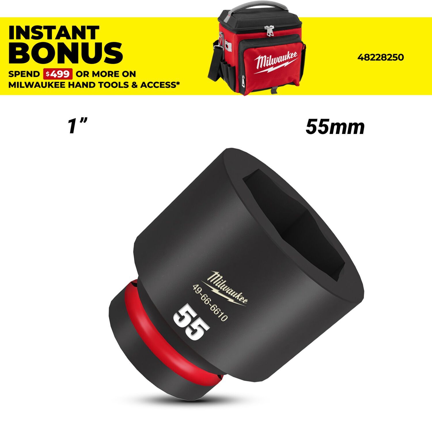 Milwaukee 49666610 1" Drive 55mm SHOCKWAVE Standard 6 Point Impact Socket