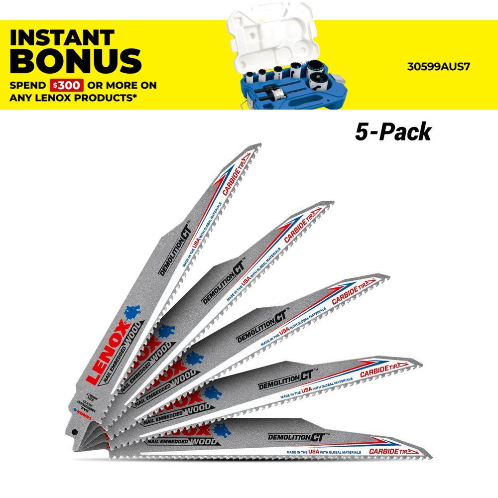 Lenox 1832144 5-Pack 229 x 22 x 1.3mm (9") 6TPI Carbide Tip Demolition CT Reciprocating Saw Blade