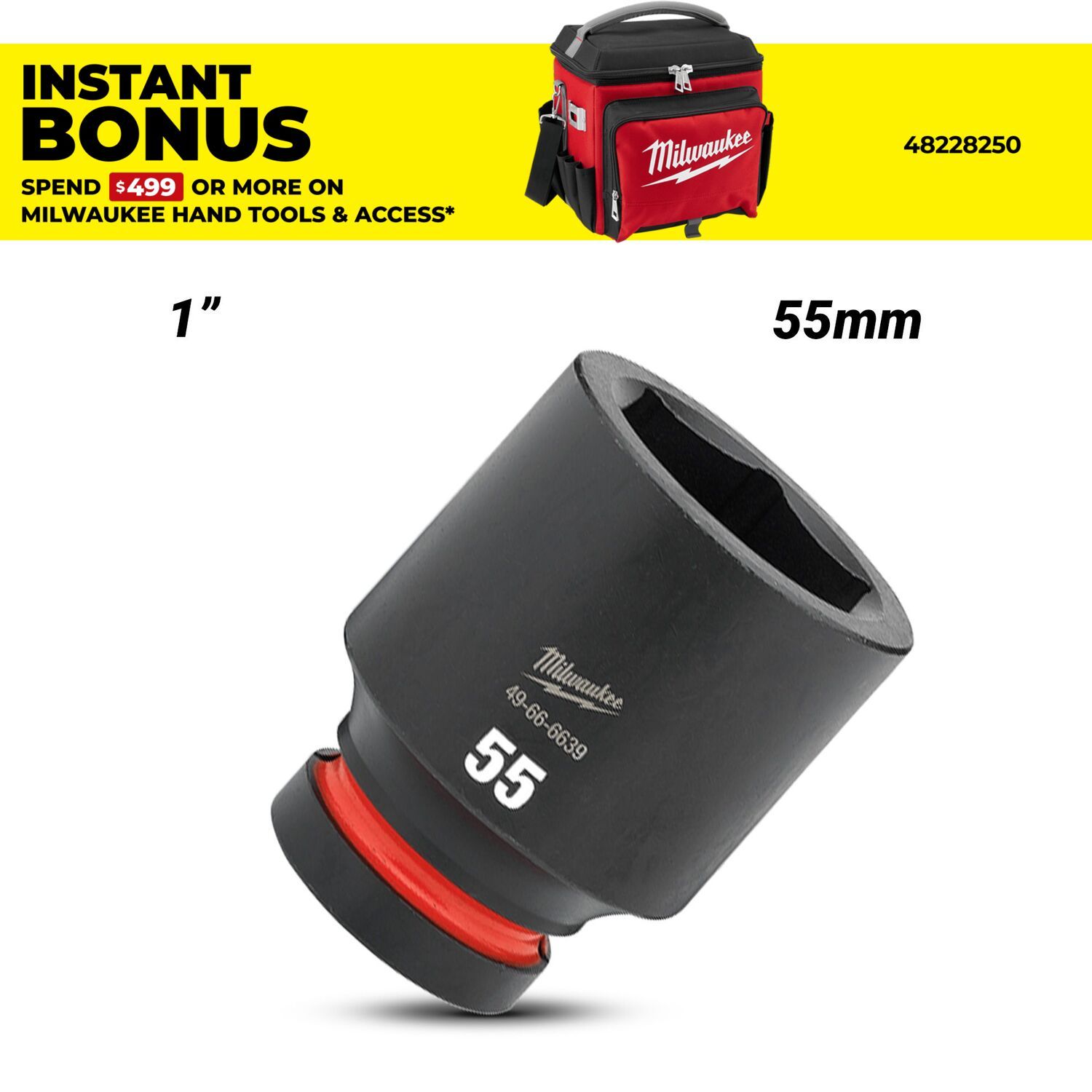 Milwaukee 49666639 1" Drive 55mm SHOCKWAVE Deep 6 Point Impact Socket