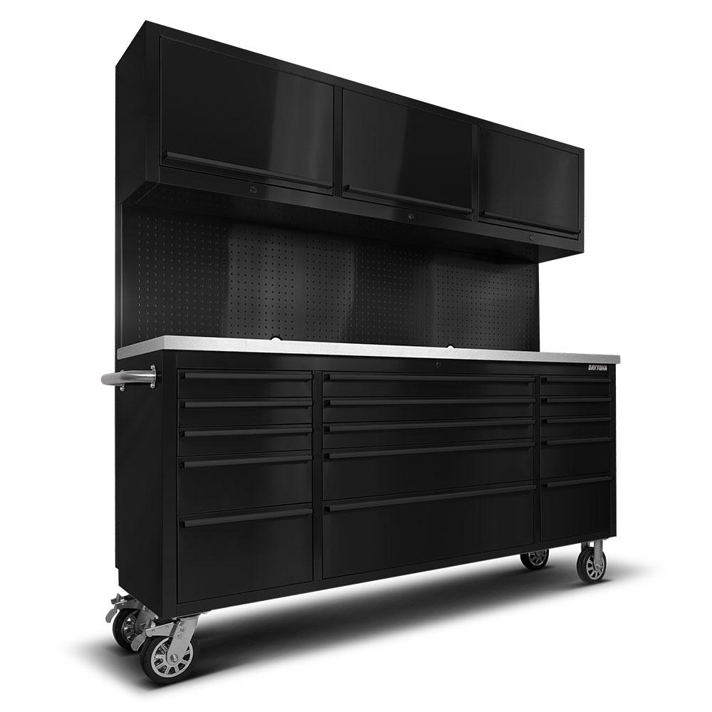 Daytona DBSST72B Black Series 72" Mobile Stainless Steel Work Bench with 15 Drawers Tool Chest & 3 Door Cabinet