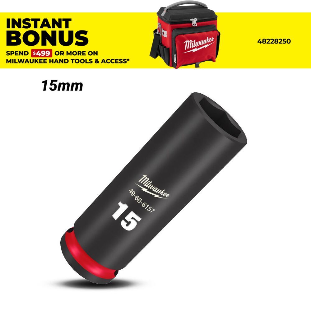 Milwaukee 49666157 15mm 3/8" Drive Shockwave Metric Deep 6 Point Impact Socket