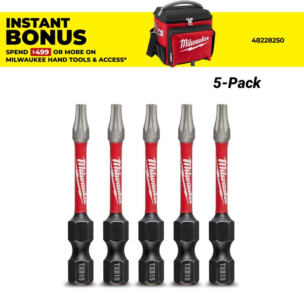 Milwaukee 48324693 5-Pack 50mm (2") TXB015 SHOCKWAVE Power Bit Security Torx