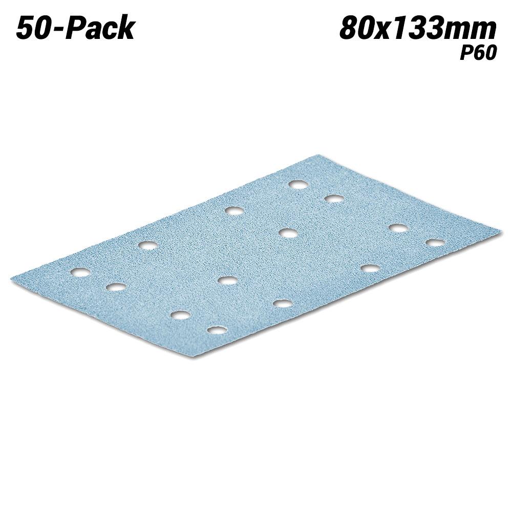 Festool STF 80 x 133 P60 GR/50x (497118) 50-Pack 80mm x 133mm 14 Hole P60 Grit Granat Abrasive Sheets