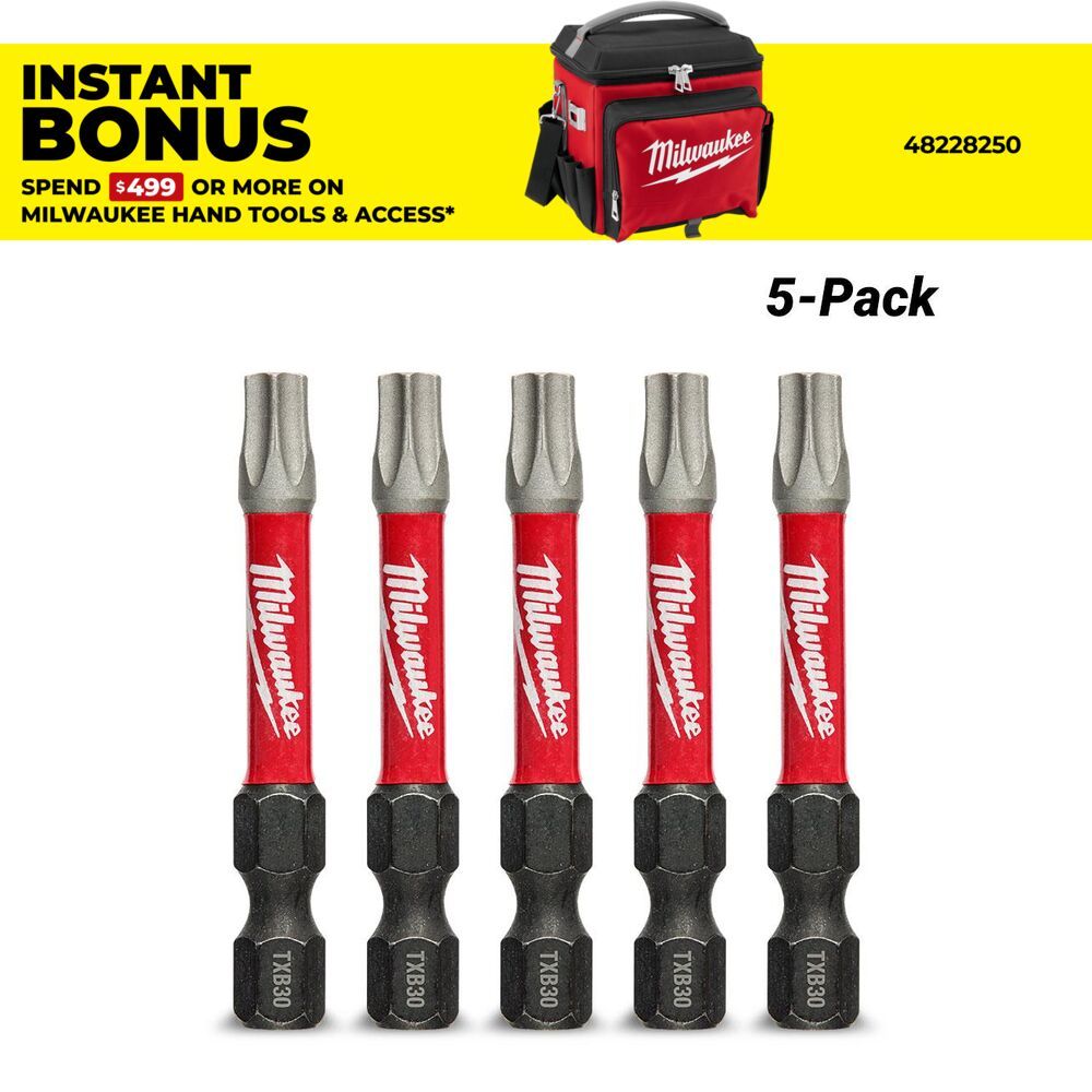 Milwaukee 48324698 5-Pack 50mm (2") TXB030 SHOCKWAVE Power Bit Security Torx