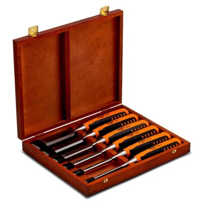 Bahco 424P-S6-EUR 6pce Woodworking Chisel Set with Rubberised Handles in Wooden Box