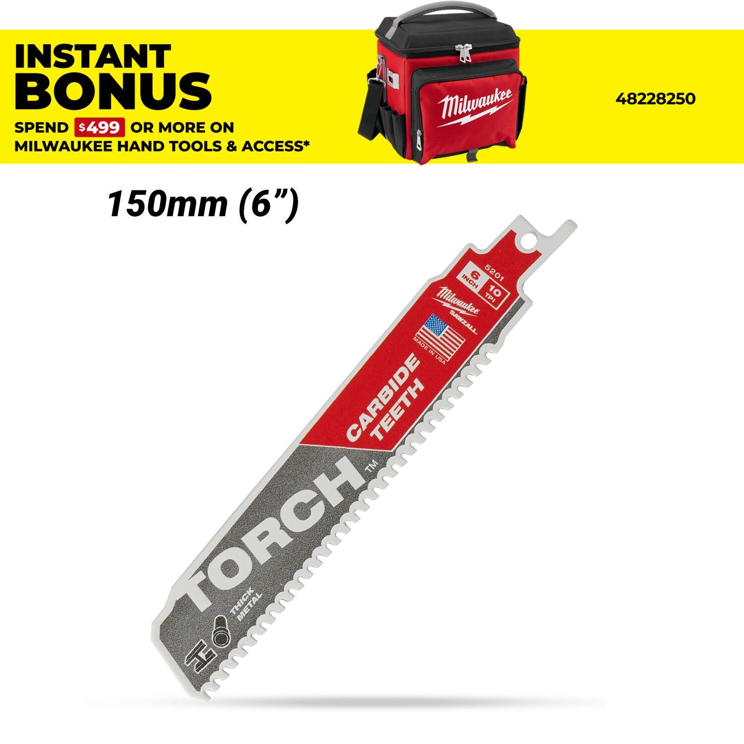 Milwaukee 48475251 150mm (6") SAWZALL™ The TORCH™ with Carbide Teeth 10TPI Blade